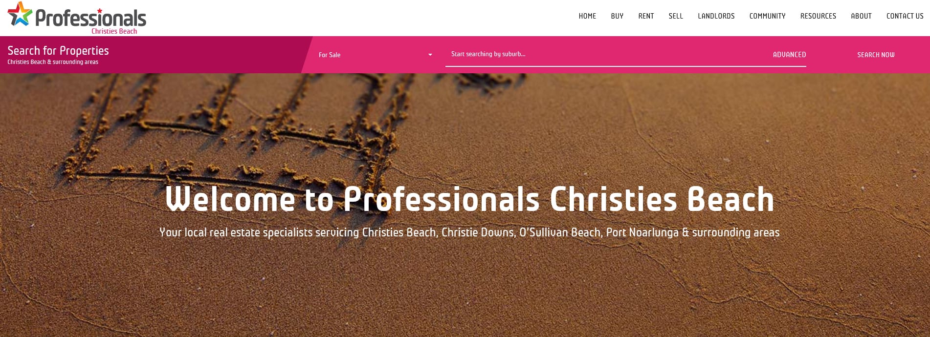 Pink top banner on real estate website - Professionals Christies Beach