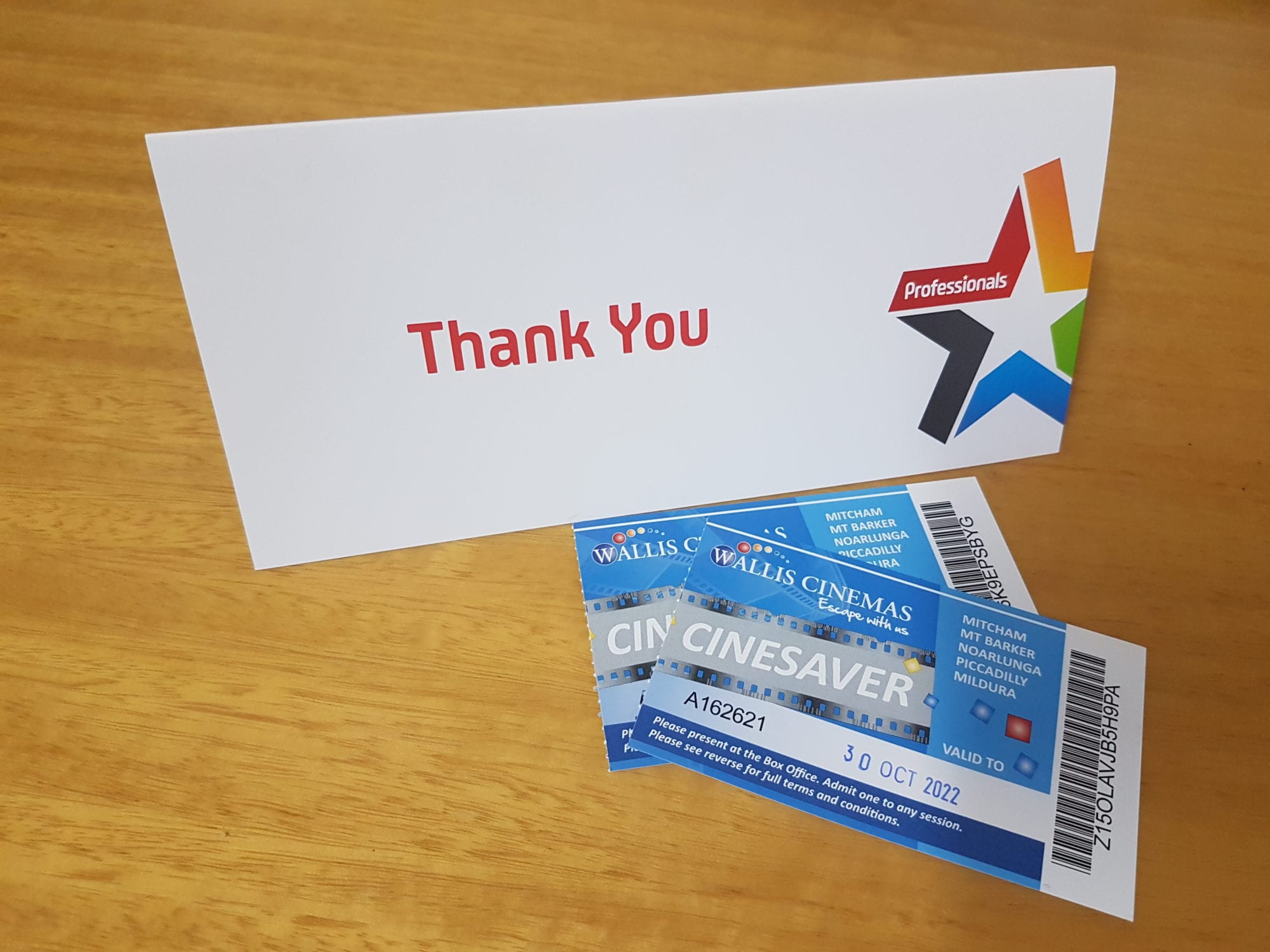 Wallis Cinema Noarlunga tickets with Thank you card from Professionals Christies Beach real estate agency